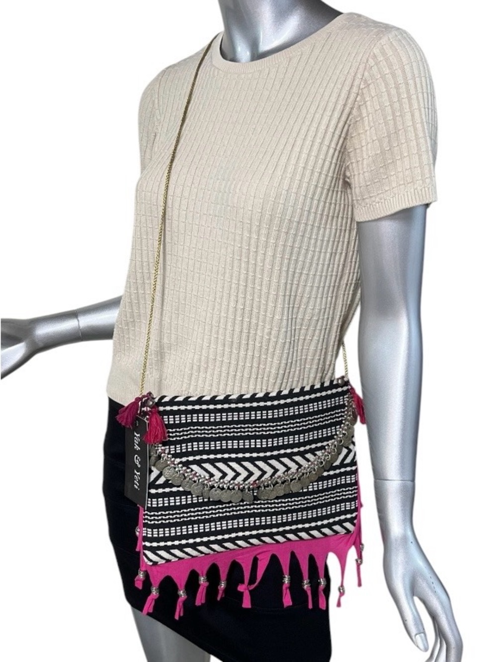 Yak & Yeti Boho Crossbody Envelope Bag Black & White Coin & Bead Details Pink